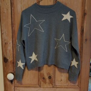 moon & madison Blue Crewneck Sweater with Ivory Star Motif
